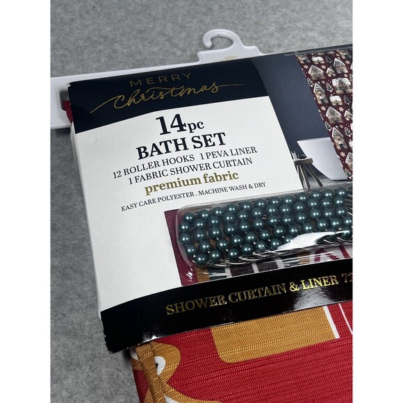 Merry Christmas 14pc Bath‎ Set Shower Curtain Liner Hooks Gingerbread House New - Picture 2 of 3